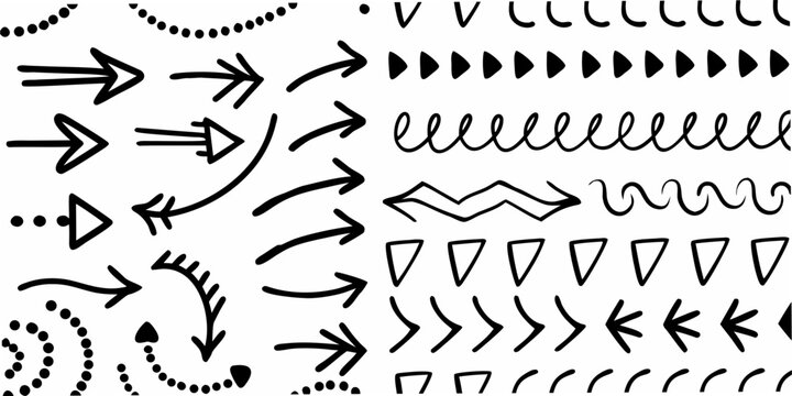 Collection of hand drawn black arrows lines and abstract shapes