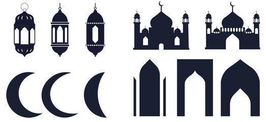 Fototapeta premium Ramadan silhouette set of moon , lantern , mosque and oriental style window or door . vector illustration