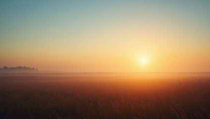 Fototapeta premium Golden sunrise over misty field with warm light and calm atmosphere