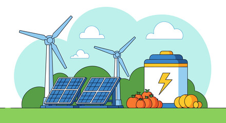 Renewable energy sources including solar panels, wind turbines, and battery storage in a green landscape setting