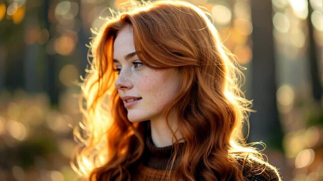 beautiful young woman with long ginger hair wearing white dress in magic forest during golden hour, ethereal female model looking at camera with dreamlike sunlight and lens flare