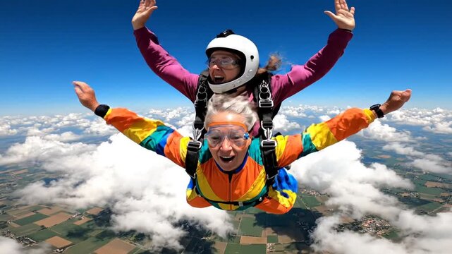 Tandem skydivers in freefall over a patchwork landscape with fluffy clouds beneath a clear blue sky