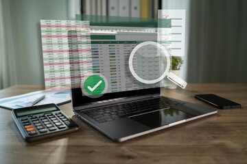 Compliance audit report and financial approval verification concept with checklist and search spreadsheet data, accountant analyzes records on a laptop control and accuracy.