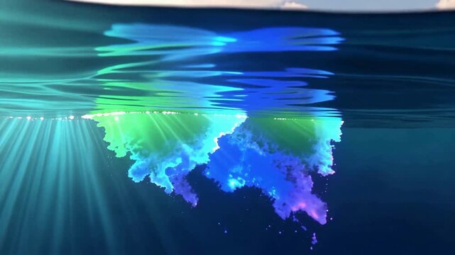 Colorful Underwater Light Map With Glowing Silhouettes.