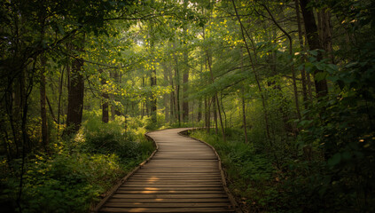Obraz premium Serene forest boardwalk path through sunlit green woodland at dawn