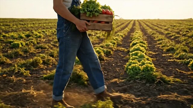 Farmer walking through a field carrying a crate of freshly harvested vegetables.