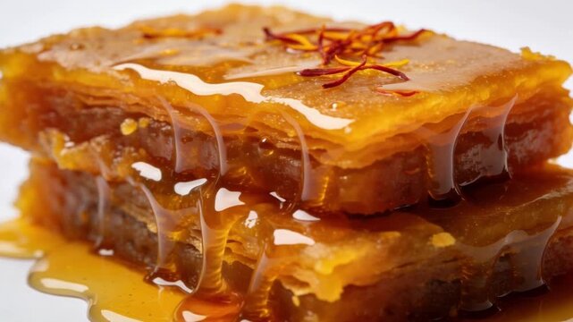 Dense golden Sohan Halwa traditional sweet soaked in saffron syrup isolated on white background highlighting rich brittle texture detail