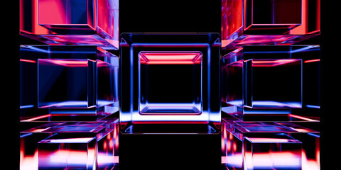 Iridescent glass geometric cubes with chromatic dispersion refracting neon blue and red light on dark black background futuristic tech cover art 3d rendering © IM_VISUALS