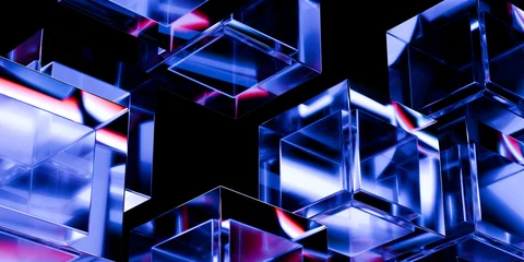 Transparent crystal glass cubes abstract shapes with iridescent refraction glowing purple blue red light on black backdrop cinematic digital art visuals 3d rendering © IM_VISUALS