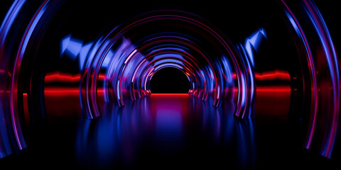 Chromatic dispersion glass architectural elements refracting electric blue and crimson neon glow on dark background sci-fi technology design cover art 3d rendering © IM_VISUALS