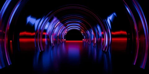 Chromatic dispersion glass architectural elements refracting electric blue and crimson neon glow on dark background sci-fi technology design cover art 3d rendering © IM_VISUALS