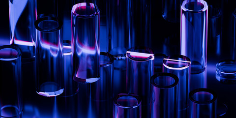 Transparent glossy glass 3d shapes with chromatic light dispersion and neon purple blue red reflection on dark black background cinematic technology cover art 3d rendering © IM_VISUALS