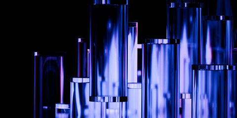 Naklejka na ściany i meble Cyber elements made of transparent glass and liquid acrylic purple blue glow on black backdrop cinematic tech background design cover art visuals 3d rendering