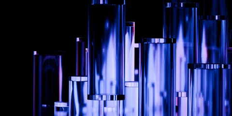 Cyber elements made of transparent glass and liquid acrylic purple blue glow on black backdrop cinematic tech background design cover art visuals 3d rendering © IM_VISUALS