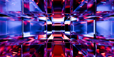 Naklejka premium Transparent crystal glass abstract shapes with iridescent refraction glowing purple blue red light on black backdrop cinematic digital art visuals 3d rendering