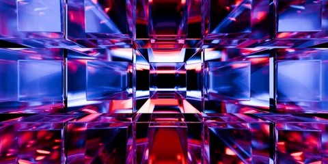Transparent crystal glass abstract shapes with iridescent refraction glowing purple blue red light on black backdrop cinematic digital art visuals 3d rendering © IM_VISUALS