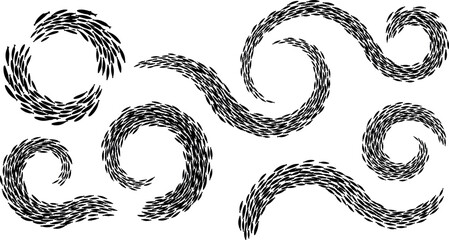 Black silhouette vector set of swirling school of fish swimming in circle and wave shapes isolated on clear white background © MDBABUL