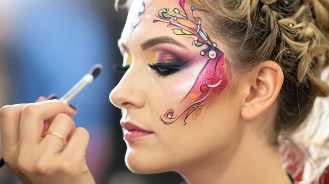 Professional makeup artist applying creative fantasy face painting on beautiful young woman, artistic cosmetic beauty transformation, colorful swirls and floral patterns on female face skin