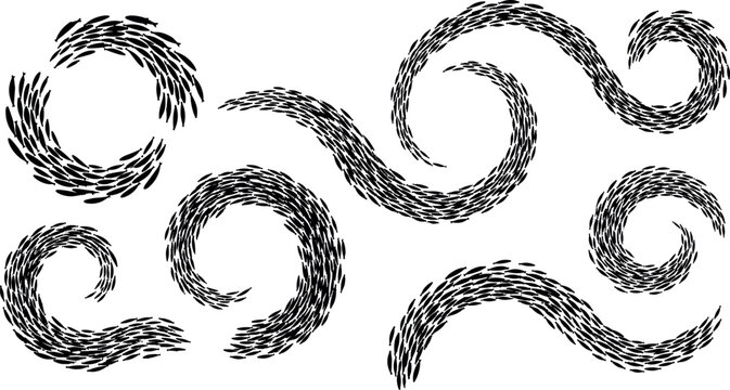Black silhouette vector set of swirling school of fish swimming in circle and wave shapes isolated on clear white background