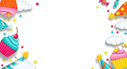 Fototapeta premium Celebratory cupcakes and party hats border on white background, perfect for festive design, anomali microstock inspiration