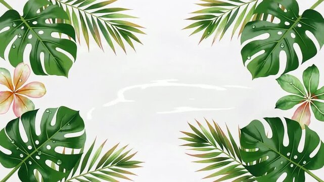 Tropical Frame With Green Leaves And Floral Accents.