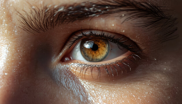 Golden brown eye close up with realistic skin texture and soft lighting
