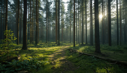 Fototapeta premium Lush pine forest path with morning light and misty atmosphere