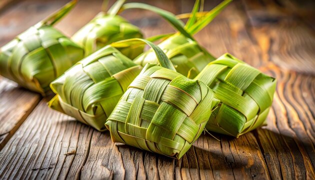 Ketupat Rice Dumpling Wrapped in Palm Leaves on Rustic Wooden Background
