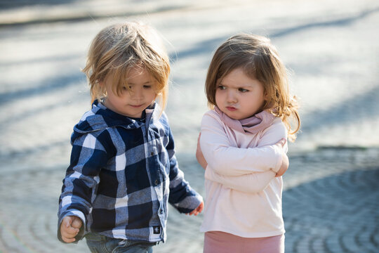 Kids bad behavior. Two toddler friend conflict. Preteen friends and friendship concept. Mad angry girls sisters. Siblings bad behavior relationship. Children arguing and dont want to be friends.