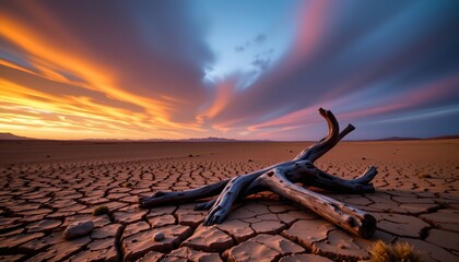 Solitary Driftwood Desert Sunsetlandscape