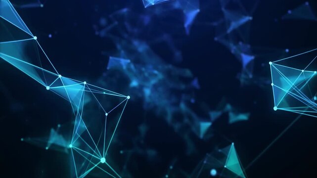 Abstract digital network of glowing blue lines and dots dynamically connects and expands, symbolizing global data flow and technological advancement across a dark backdrop.