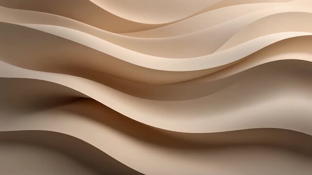 Abstract flowing waves of beige and brown create a serene, minimalist backdrop, emphasizing smooth curves and subtle light variations for an elegant visual.