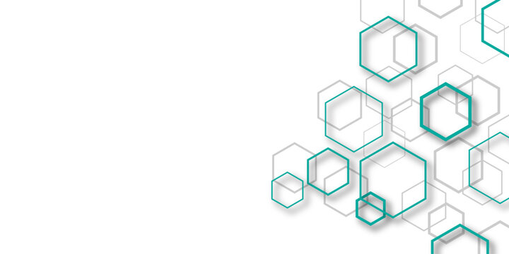 Abstract geometric hexagon border with teal outlines and gray 3D shapes on white background for technology and science