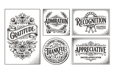 Obraz premium Black White Halftone Grateful Gratitude Poster Card Set 5 Sketch Admiration Recognition Lettering-Appreciation Typography Vector Set