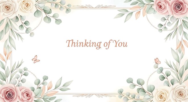 Delicate floral wreath with Thinking of You text surrounded by roses and butterflies in soft watercolor illustration style, anomali microstock reference