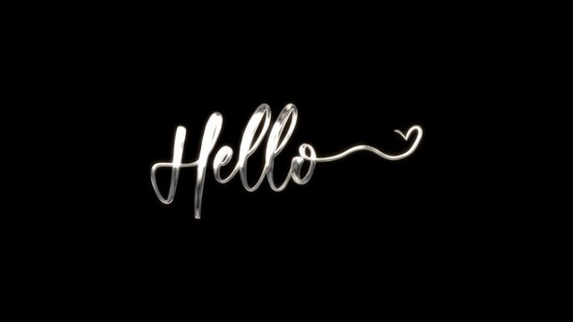 An animation of the word "hello" in silver in a cursive font with a heart is perfect for greeting cards, social media posts, invitations, and romantic designs.