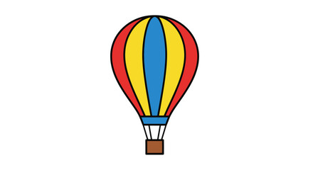 Fototapeta premium Playful cartoon hot air balloon with basket soaring above a white sky, colorful striped sections, childlike illustration view