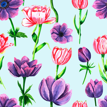 Seamless pattern with beautiful anemones on blue background, watercolor floral pattern suitable for wallpaper, cards or fabric.