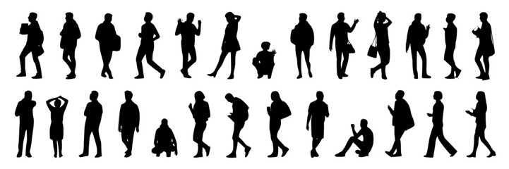 People diverse crowd silhouettes with various poses and activities in black and white featuring walking, standing, sitting with running and holding elements for cellphone, bag projects, clean