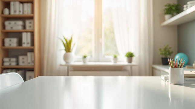 bright home office desk scene with empty glossy white tabletop in the foreground and soft blurred