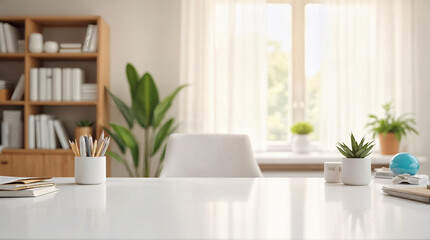 bright home office desk scene with empty glossy white tabletop in the foreground and soft blurred
