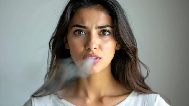 a shocked young woman covering her mouth with hands in surprise, looking at the camera with wide open eyes and feeling amazed or terrified, isolated on a grey background