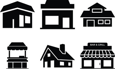 Collection of simple black and white building icons