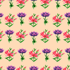 Seamless pattern with purple anemones and lilies on peach background, watercolor floral design suitable for wallpaper, cards or fabric.