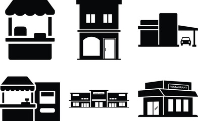 A collection of black and white storefronts and buildings