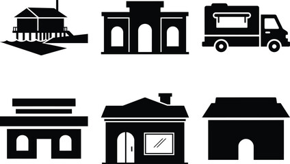 Black and white icons of various buildings and vehicles