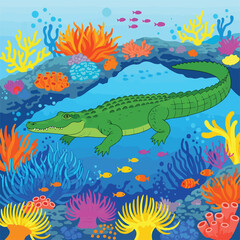 Fototapeta premium Green Crocodile Swimming in Ocean Water.