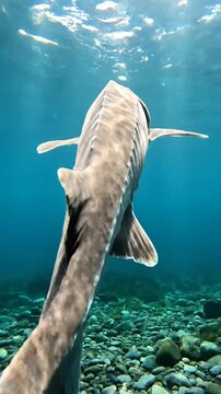 A large armored fish swims gracefully in clear blue water above a y riverbed.