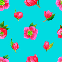Seamless pattern with pink hellebores on blue background, watercolor floral pattern suitable for wallpaper, cards or fabric.