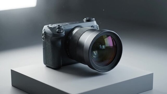 A sleek black digital camera with a large lens sits on a gray platform in a studio setting with soft lighting, showcasing a vector graphic style.